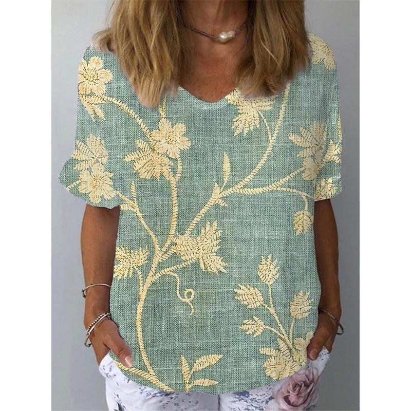 Women's T-Shirt Fashion V-Neck Summer Short Sleeve Loose Streetwear Female Clothes