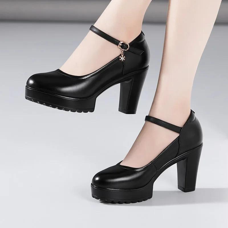 Fashion Cowhide Women's High Heel Shoes with Heels Platform Mary Jane Shoes Women Pumps Office Work Shoe Women's Wedding Shoes 32-43