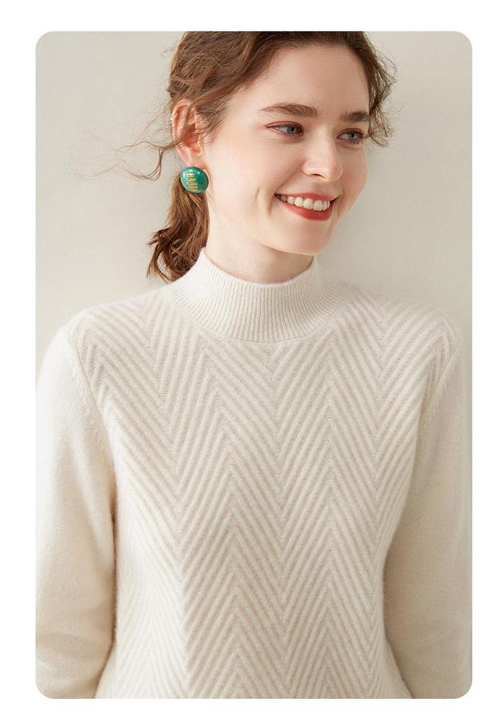 Women's Cashmere V-Neck Twill Sweater - Half-High Collar, Long Sleeve, Loose Fit, Slimming Base Layer for Autumn & Winter.