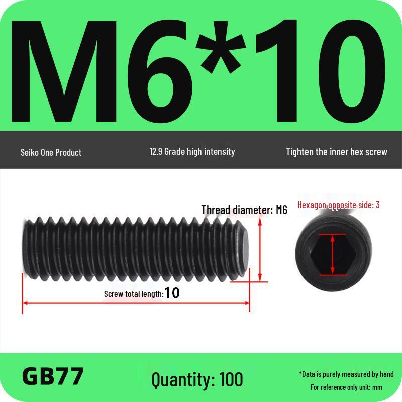 Class 12.9 Inner Hex Flat Head Headless Grub Screw M3-M12