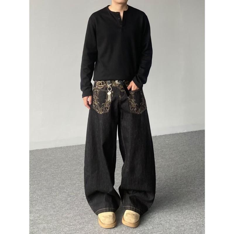American Style High Street Embroidered Baggy Jeans Men Women Wide Leg Denim Pants
