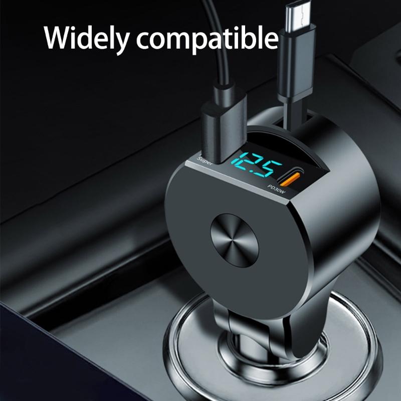 Portable Car Charger with Extendable Cord Support PD30W Quick Charging 12V-24V Wide Voltages Compatibility for Phones