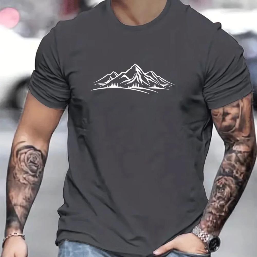 Men's Summer 100% Pure  Fashionable Casual Loose Sports Mountain Pattern Print Round Neck Short Sleeved T-shirt Top Tshirt