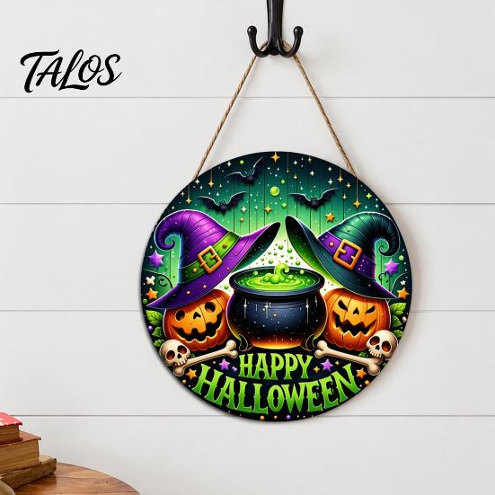 Front Door Hanging Sign Happy Halloween Sign, Retro Round Witch Hat Magic Cauldron Horror Fantasy Dark Theme Decor Wooden Welcome Pendant for