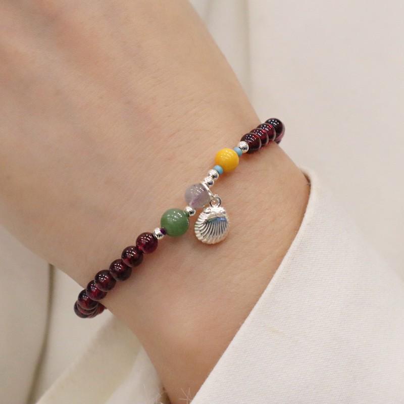Natural Garnet Beaded Bracelet Women Sterling Shell Charm Handmade Jewelry Boho Chic Accessory Natural Garnet 925 Sterling Silver Beaded Bracelet