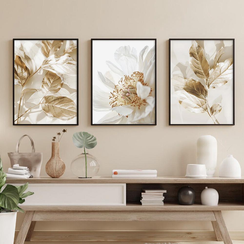 3PCS Frameless Nordic White Floral Golden Leaves Poster Wall Art Canvas Painting Prints Pictures Living Room Interior Home Decor