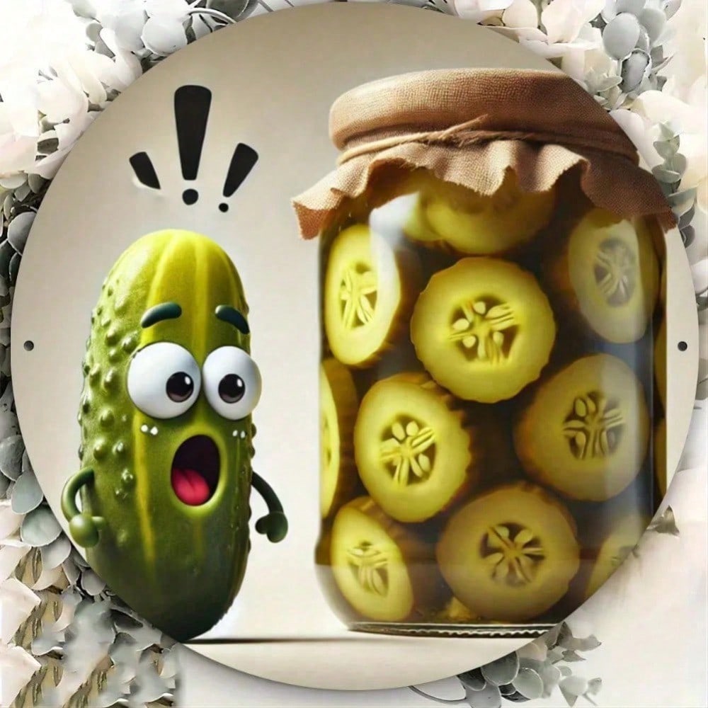 Whimsical Pickle Jar Metal Sign Farmhouse Round Wall Decor Winter Printed Art Durable Indoor Outdoor Home Accent