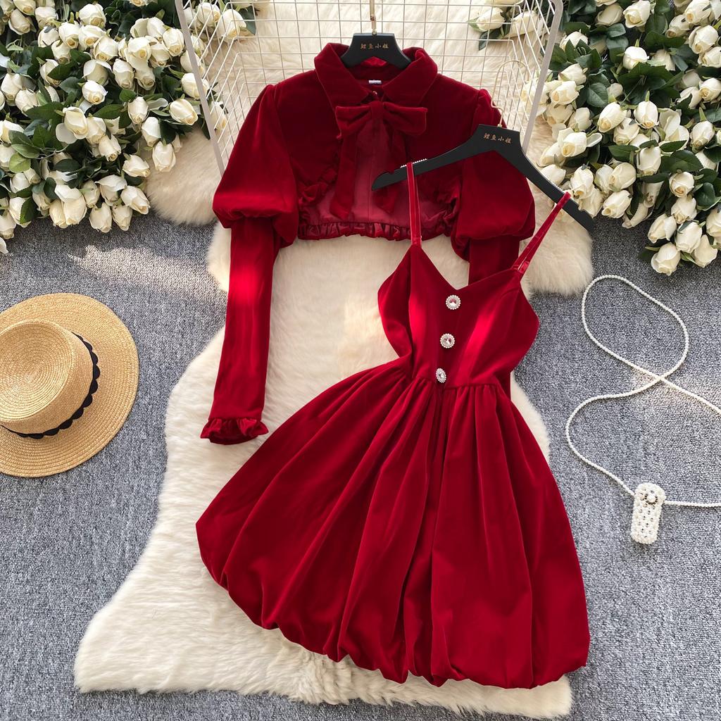 Red Sweet New Year Two Piece Set Women French Puff Sleeve Bow Short Coat + Velvet Suspender Bud Dress Suit Japanese Kawaii Ruched Design Sets