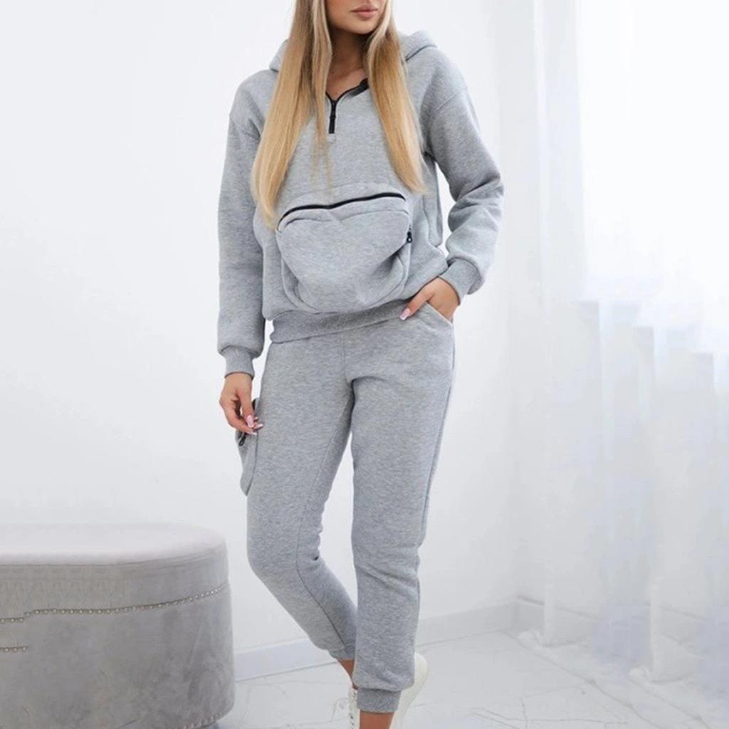 Women's Fashion Two-piece Solid Color Long-sleeved Sweatshirt Trousers Casual Set