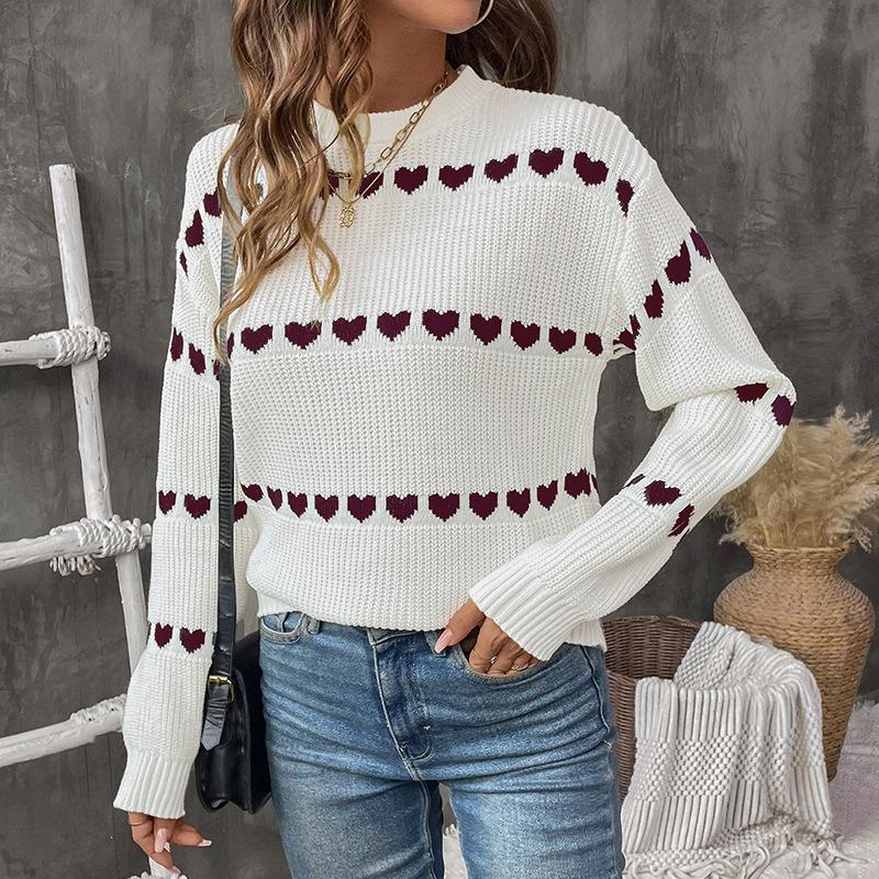 Neuer Herbst- und Winter-Valentinstag-Strickpullover im süßen Stil, lockerer Rundhals-Jacquard-Pullover mit Herzmuster für Damen