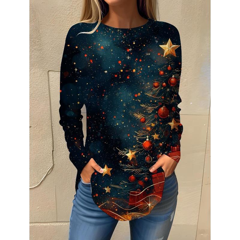 Camiseta de manga larga con cuello redondo y estampado 3D de copos de nieve con temática navideña, ropa de moda para mujer, ropa informal Y2K, ropa Harajuku para mujer