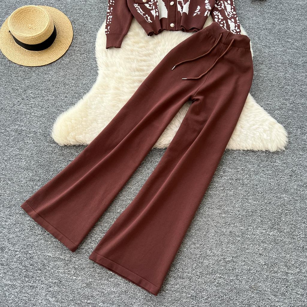 Autumn Winter Women Casual Print Knitted Sweater Trouser Two Piece Set Single Breasted Jacket Tops and Drawstring Pant Tracksuit