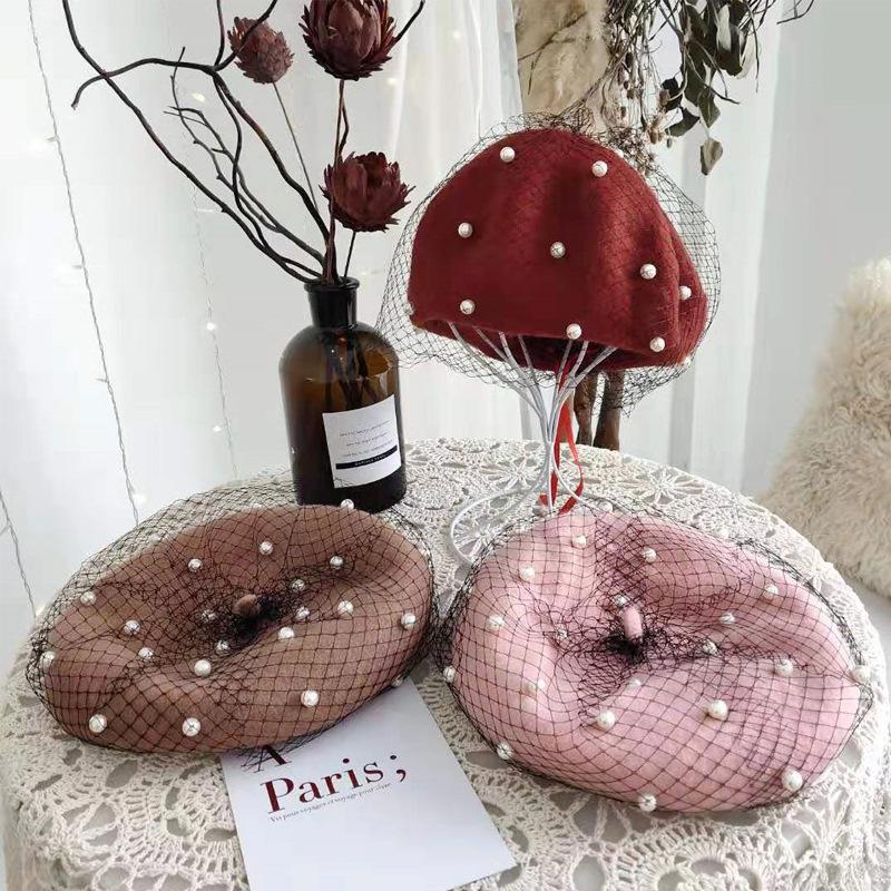 Autumn and winter woolen pearl mesh beret children British retro painter hat pumpkin bud hat tide