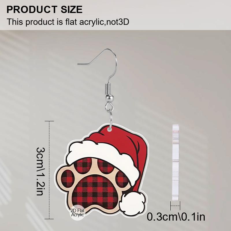 2D Flat 2pairs Y2K Christmas Hat Dog Paw Acrylic Dangle Earrings, Perfect Gift for Women, Christmas Party Jewelry