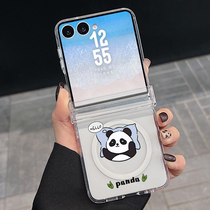 Cute Panda Print Case For Samsung Z Flip 8 7 FE 6 5 Magnetic Clear Hard PC Folding Phone Cover For Galaxy Z Flip8 Flip7 Flip6