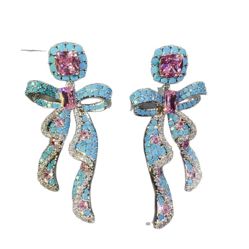 Light Luxury Shining Bow Zircon Earrings Women's Dinner Party Wedding High-end Stud Earrings Exaggerated Style Temperament Earrings