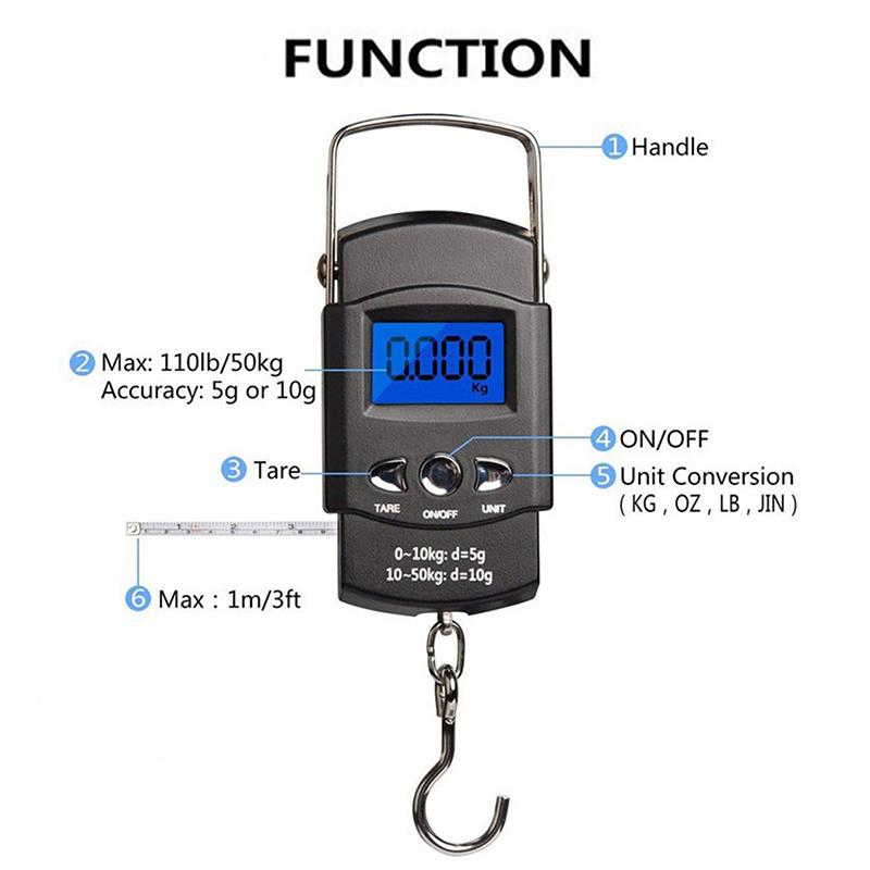 

50 кг/10 г портативные электронные ручные весы с ЖК-дисплеем для рыбалки, путешествий, багажа, подвесные весы с длинной выдвижной измерительной лентой 100 см чёрный