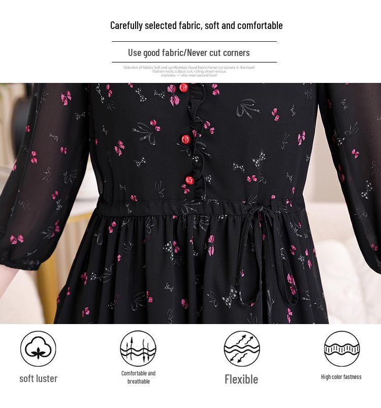 Floral Print Tie-Up Dress with Ruffle Lace for Mid-Age Moms - Long Sleeve, Over-the-Knee, Age-Reducing Design