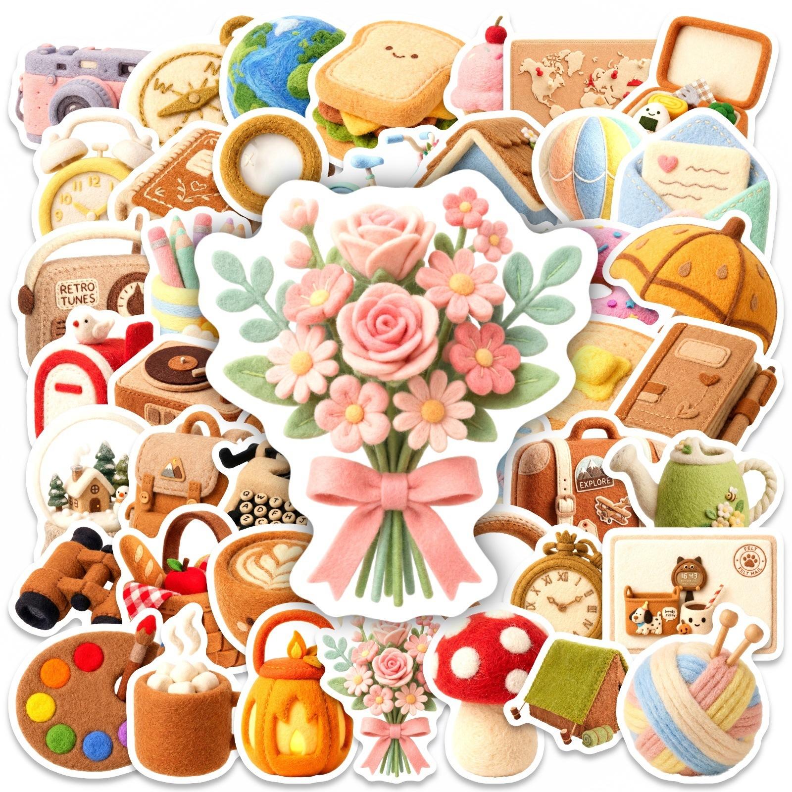 

50 Sheets Of Wool Felt Texture Cute Cartoon Sticker Bag Student Hand Account Material Mobile Phone Case Decorative Sticker