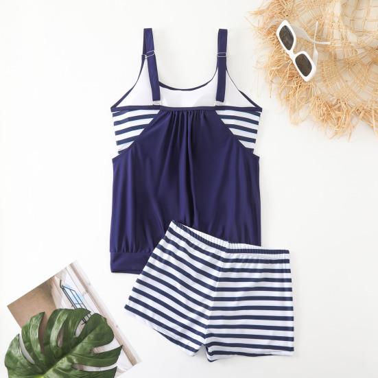 2 Pcs/Set Women Swimsuit Striped Vest with Chest Pads Elastic Waist Shorts Set Hot Spring Bathing Suit Quick-Drying Summer Beachwear