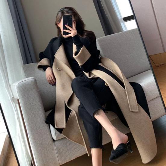 Women Winter Overcoat Turn-down Collar Pockets Contrast Color Double-breasted with Belt Loose Fit Coat Thermal Long Sleeved Commuting Dating