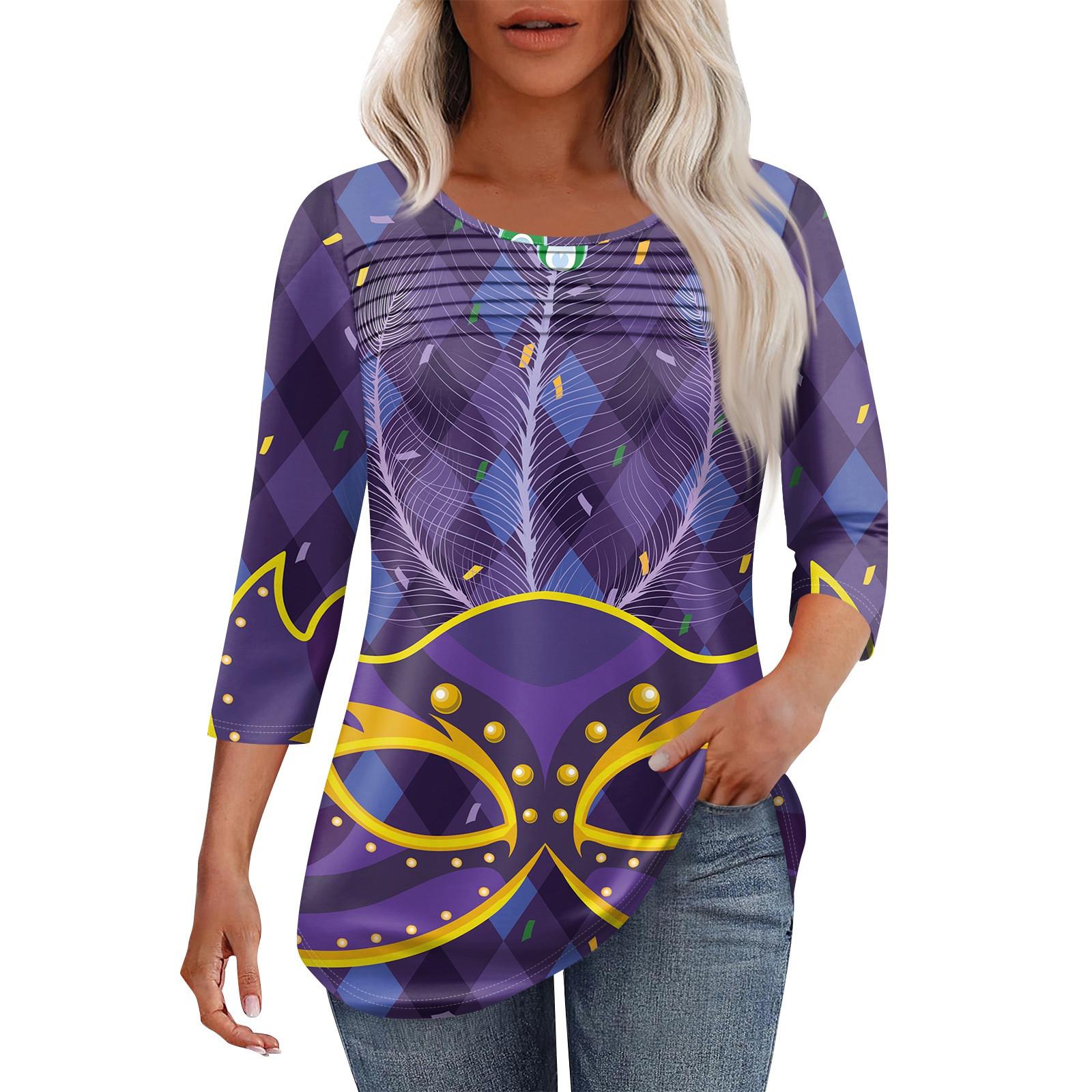 

Женская мода круглый вырез шея плиссированная передняя планка с принтом рукав 3/4 топ L темно-фиолетового