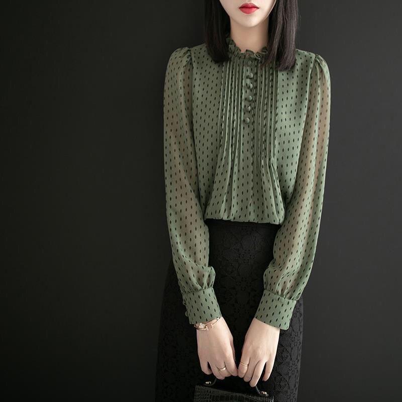 

Женская шифоновая рубашка с длинными рукавами, свободная базовая рубашка, модная верхняя рубашка 4XL зелёный