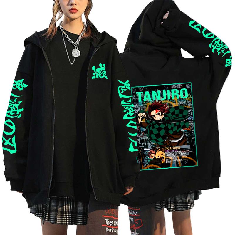 Women's Japanese Retro High Quality Hoodie Harajuku Anime Demon Slayer Printed Zipper Sweatshirt Outerwear Spring Loose Jacket