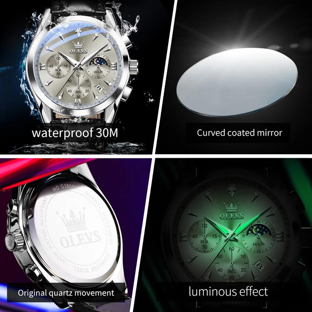OLEVS 3609 Luxury Leather Quartz Mens Wristwatches Original Moon Phase Chronograph Waterproof Luminous Watch for Men Reloj Mujer