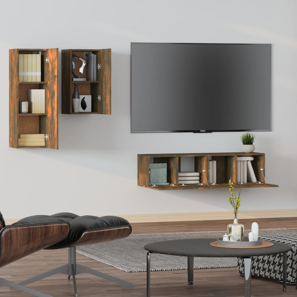4 Piece TV Cabinet Set Smoked Oak Effect Engineered Wood