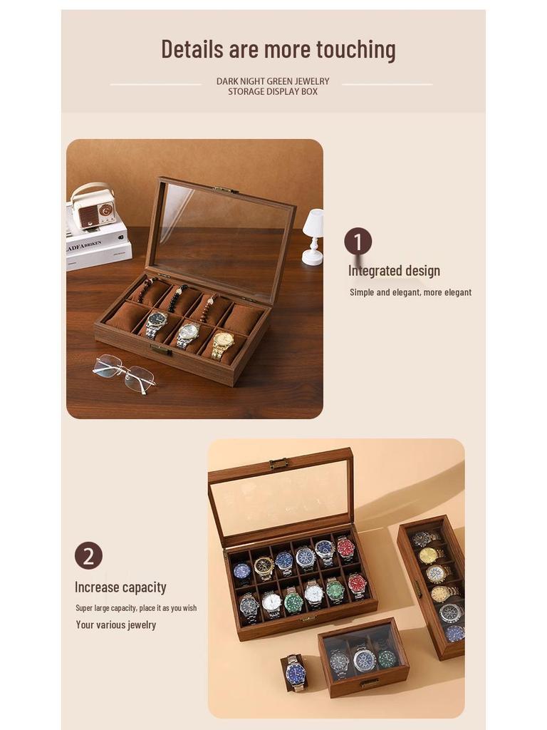 Walnut Wood Grain Watch and Jewelry Display Box with Glass Top