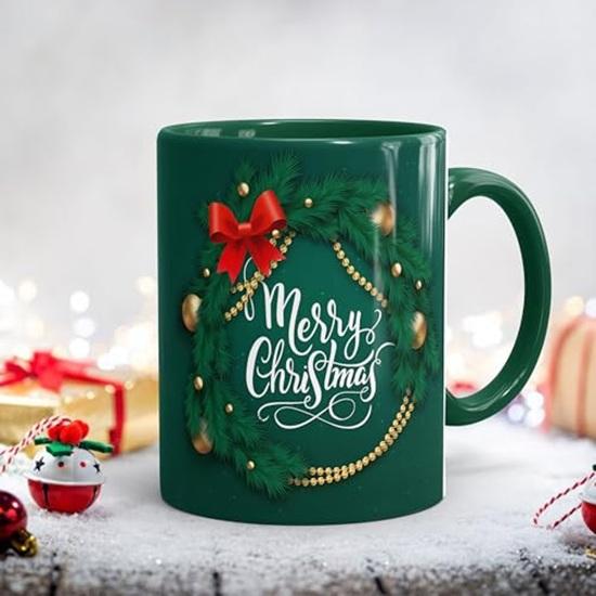 Merry Christmas Green Printed Ceramic Coffee Cup Mug With Coaster Gift For Christmas Best Gift 325 Ml
