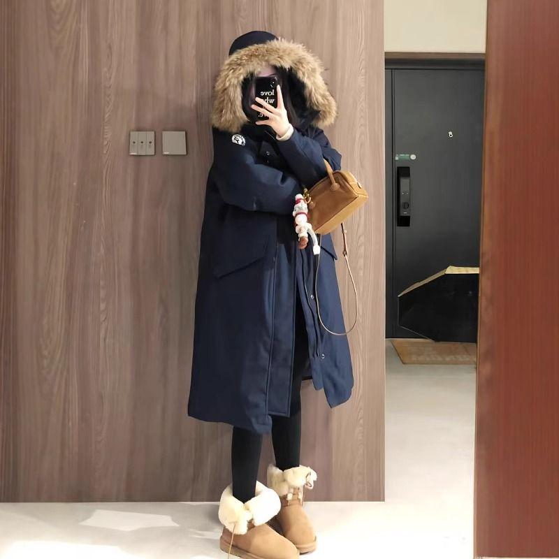 

Женская длинная парка 2025 года с меховым воротником до колена - Толстая, на хлопковой подкладке, свободная зимняя куртка в стиле рабочей одежды L (Recommended 130-150 Jin) темно-синий