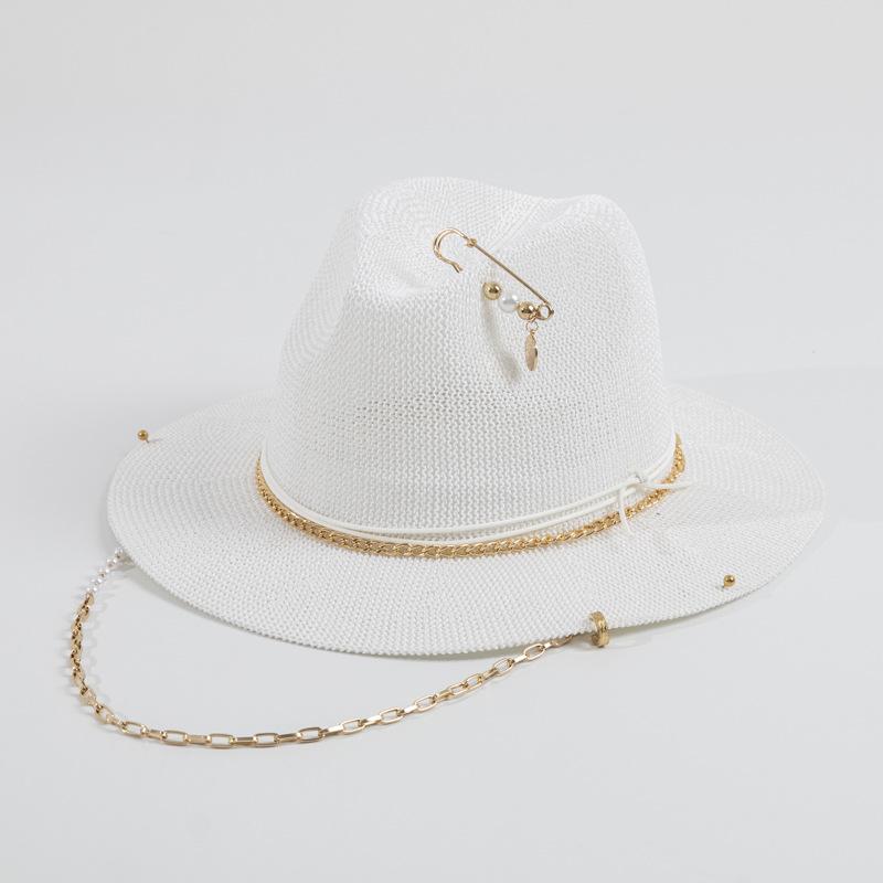 

Cross Border Fashion Chain Sun Hat for Women, Panama Straw Hat with Metal Chain, Vacation Beach Sun Cap M 56-58cm белый