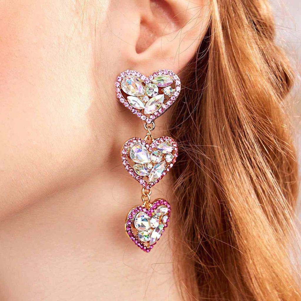 European & American Love Heart Multi-layer Rhinestone Dangle Earrings