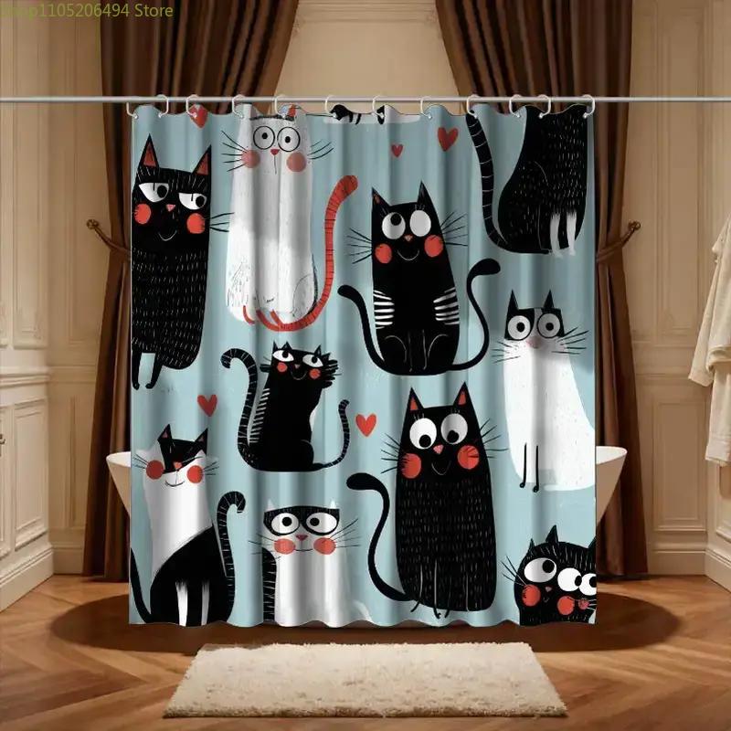 1pc Bathroom Shower Curtain, Cat Lovers' Gathering, Cute Pet Day Shower Curtain, Includes 12 Hooks, 180*180cm Bathroom Curtain