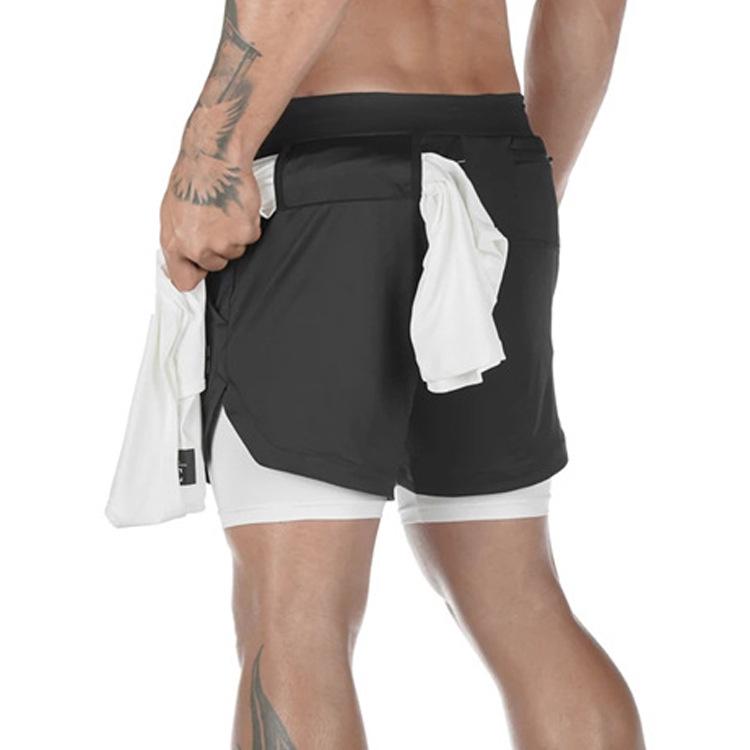 Men's Double Layer Color Block Sports Shorts with Hang Towel - Breathable, Solid Color Fitness Running Shorts.