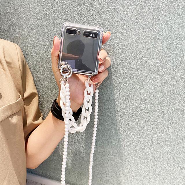 Cute White Chunky Chain Bracelet +Long Ball Strap Anti -Shock Clear Case For Samsung Galaxy Z Flip 4 5g Protective Capa