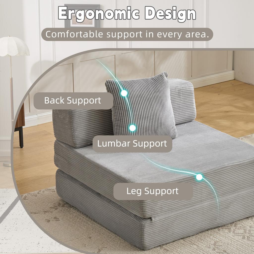 Floor Couch,Compression Sofa,Convertible Sofa Bed-with Pillow Back Support Armrest,Corduroy Fabric,for Living Room Bedroom,Light Grey