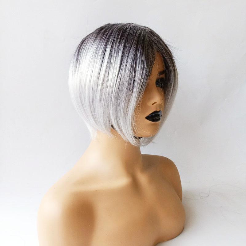 Paruka ženy krátké vlasy evropské a americké pokrývky hlavy z chemických vláken ženy černá šedá postupná změna barvy bobo krátké rovné vlasy paruka