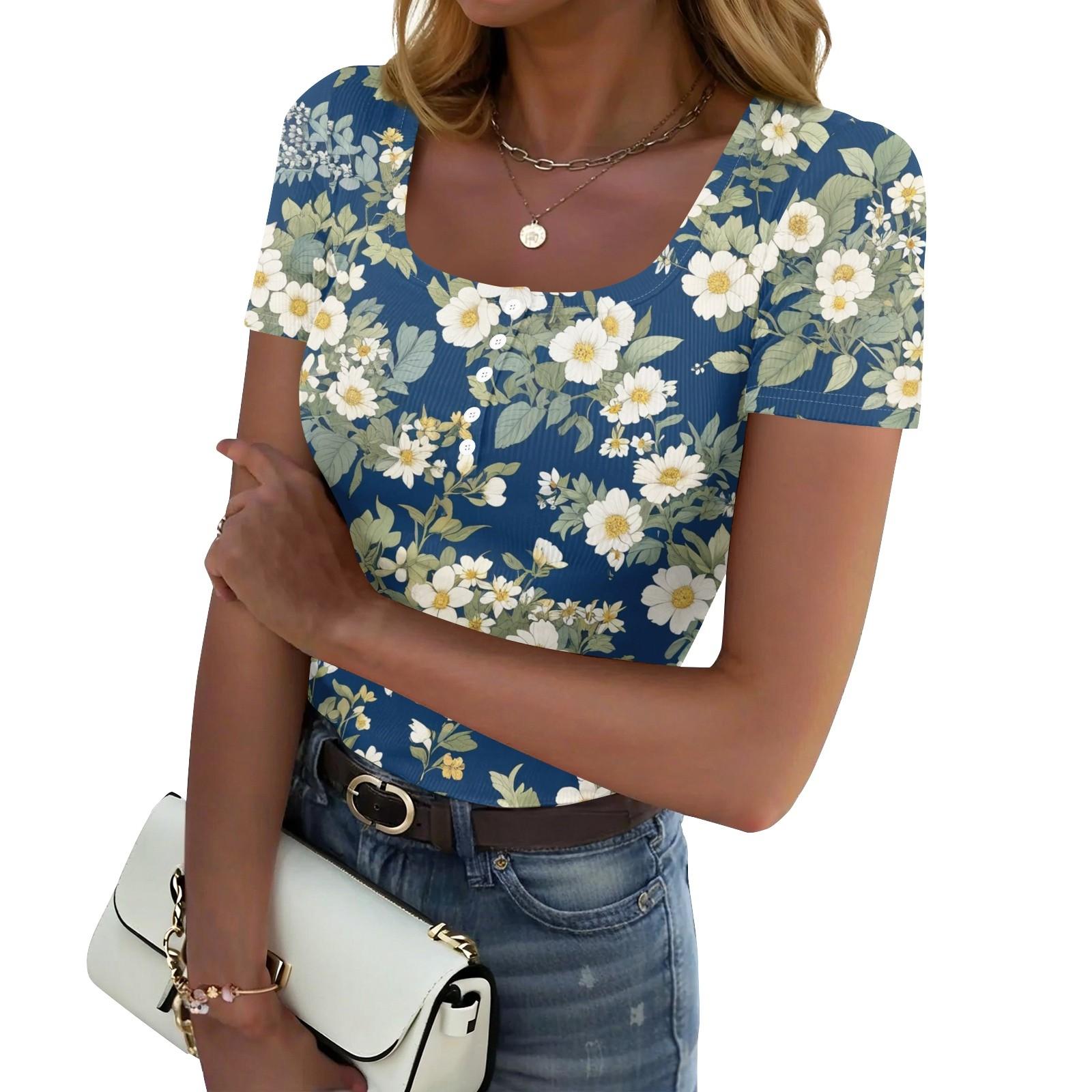 Women s Summer Fashion Tops Short Sleeve Square Neck Button Fashion Casual Floral Ribbed Knit Shirt S