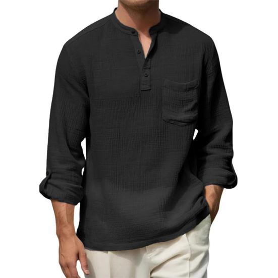 Chemise en Coton et Lin pour Homme à Manches Longues et Col Mao avec Poche sur la Poitrine Couleur Unie Chemise Décontractée de Vacances pour Voyage Été Plage Vacances Usage Quotidien