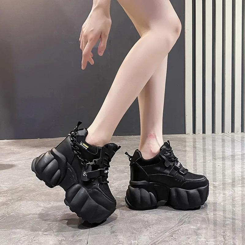 Autumn Spring Woman Platform Shoes Wedge Heel 10CM Casual Shoes Height Increasing White Black Sneakers Women Leather Shoes New
