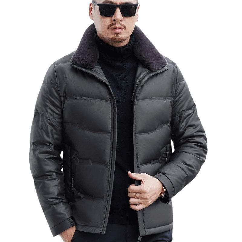 Leather Down Jacket Men's Leather Jacket Winter Down Thickened Short Leather Jacket Men's Jacket Casual