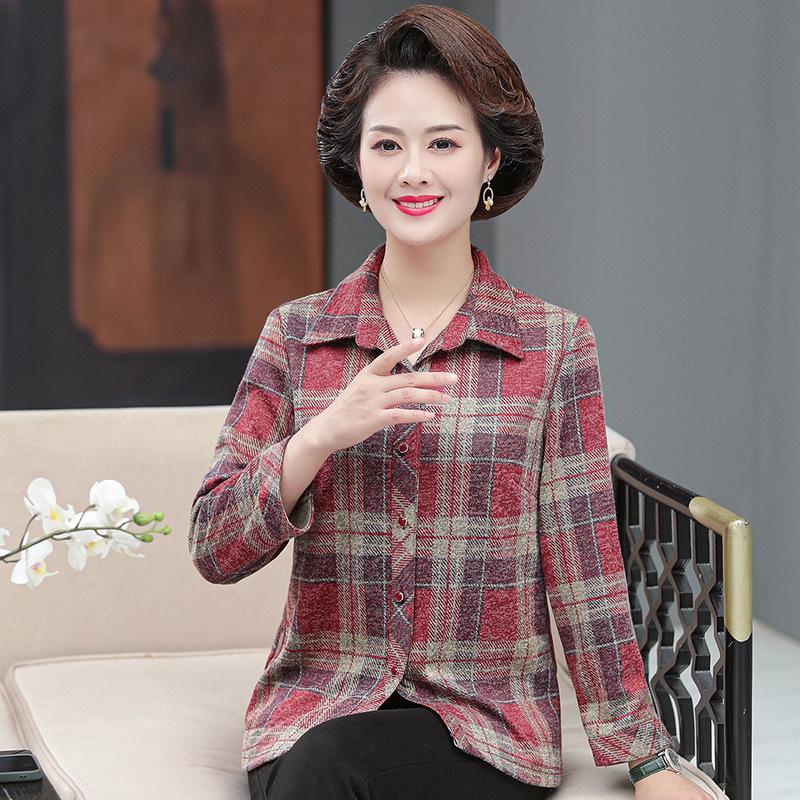 Plaid Long Sleeve Lapel Cardigan for Women: Stylish Spring/Autumn Top for Middle-Aged & Elderly 3XL (145-160 jin) красный