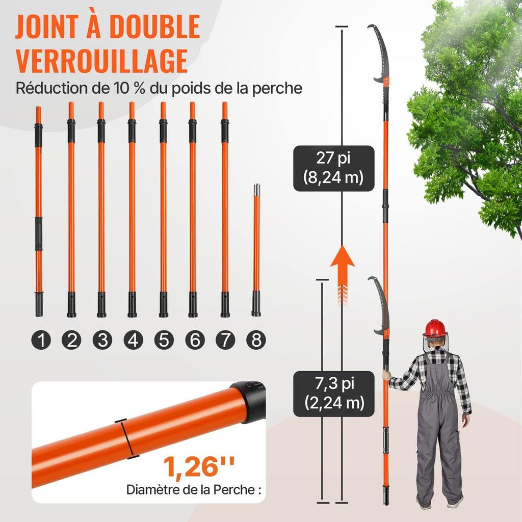 Manual Pole Saw, 7.3-27 Ft Extendable Tree Pruner, Sharp Steel Blade High Branches Trimming, Manual Branch Trimmer with Lightweight 8 Fiberglass