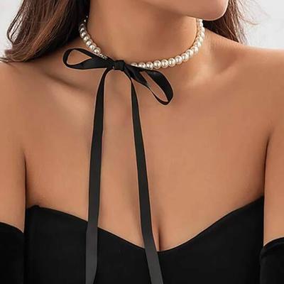 Exquisite Imitation Pearl Choker Necklace Fashionable Bow Tie Lace Up Velalvet Necklace Personality Simple Jewelry For Woman