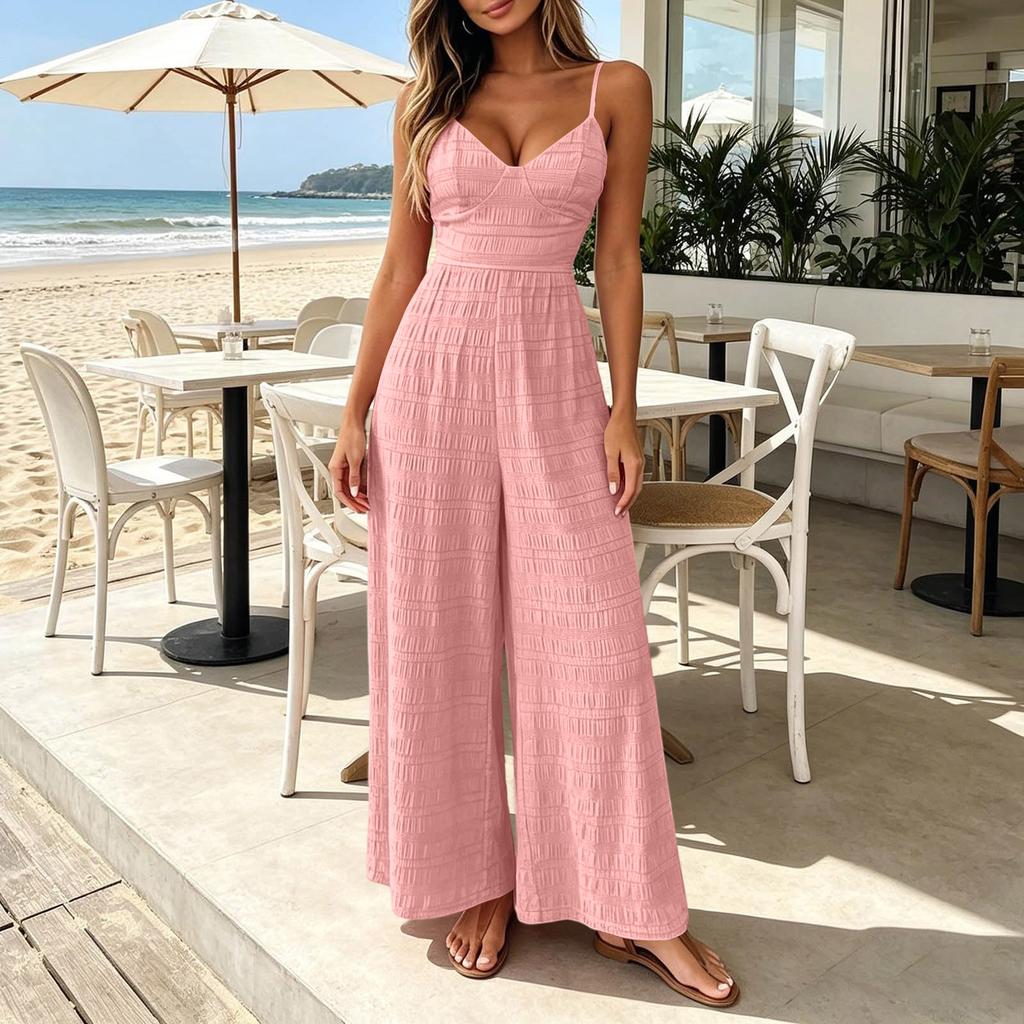 Women Sleeveless Spaghetti Strap Boho Wide Leg Party Elegant  Jumpsuit For