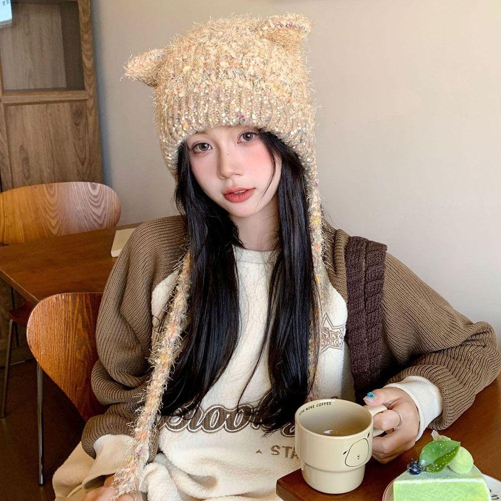 Multicolor Knitting Beanie Windproof Knitted Hat High Quality Long Loose Hat Headdress  Woman