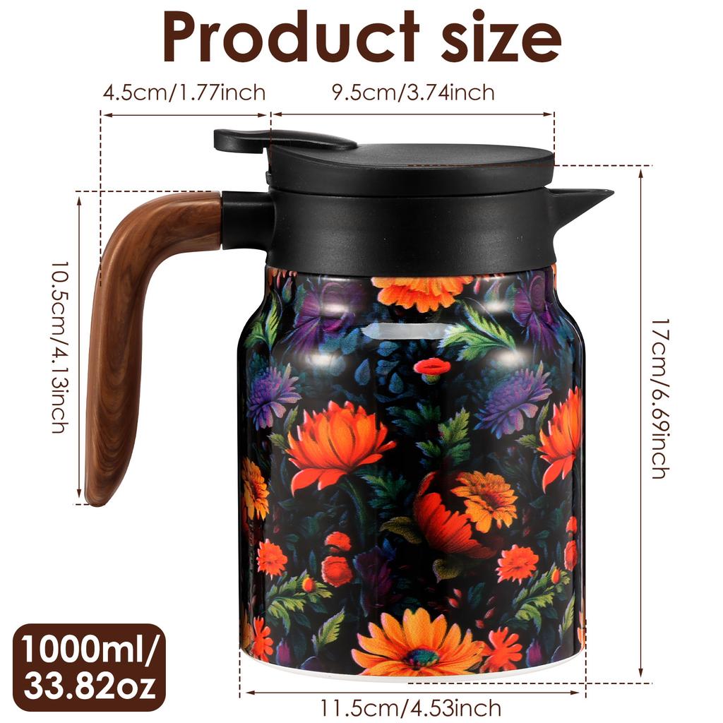 800/1000ml Vintage Blumen Tee Thermoskanne Edelstahl Teekessel Auslaufsichere Teekanne mit Tee-Sieb Mini Thermo Kaffeekanne